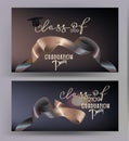 Graduation party elegant banners with two colored levitating ribbons.